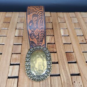 Eddie Bauer Embossed Leather Belt XL Italian Leather Brass Buckle 41.5”